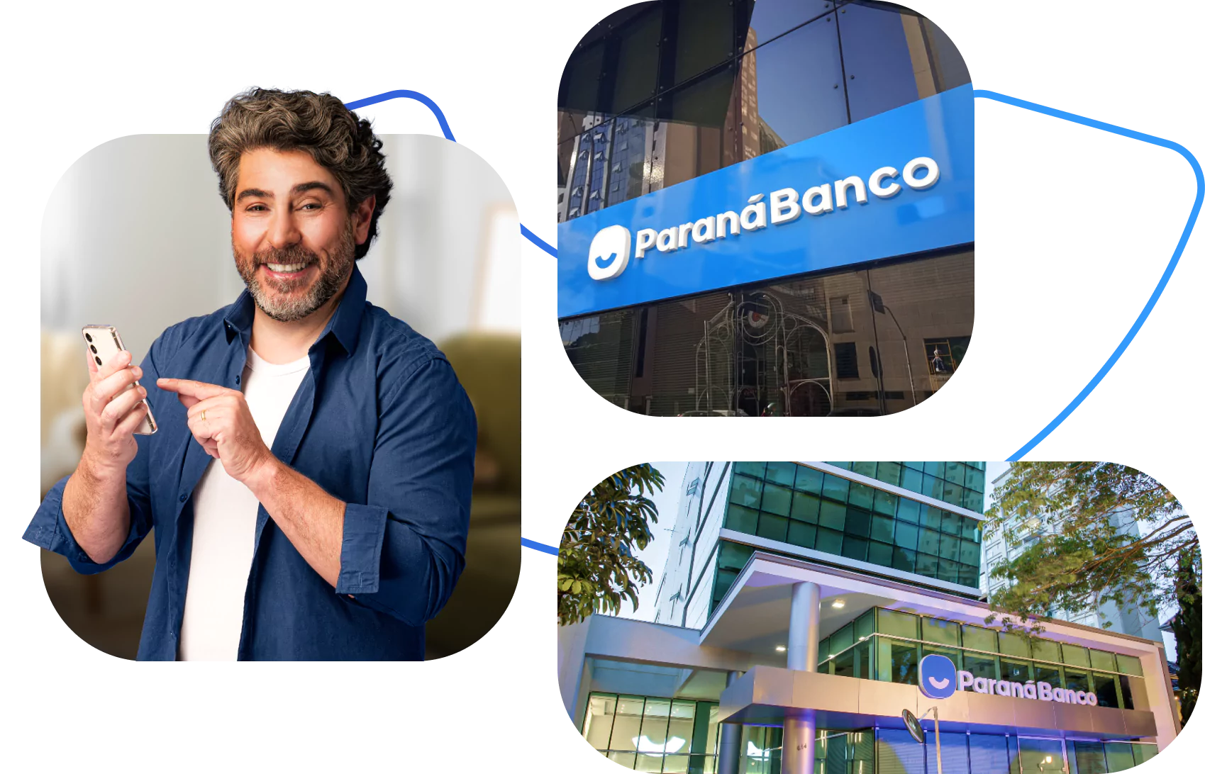 Composição de três imagens, uma fachada do PB Consignado, uma fachada do Paraná Banco e foto de um modelo utilizando o celular e sorrindo